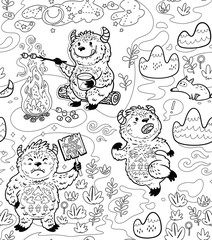 Busy Yetie seamless pattern in contour. Cartoon style. Black and white vector illustration