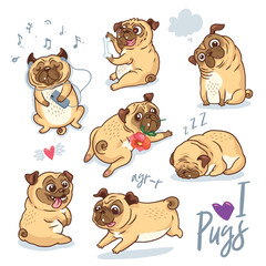 Vector set of cute pug pupies for cards, banners and posters