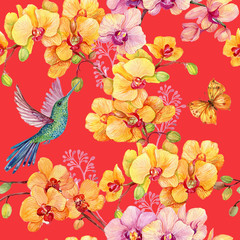 seamless pattern with Hummingbird bird and Orchid flowers.watercolor hand painting