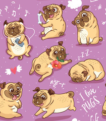 Cute funny pug pupies seamless pattern background