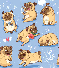 Cute funny pug pupies seamless pattern background