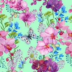 Fototapeta na wymiar seamless pattern with butterfly and flowers, orchids.watercolor hand painting 