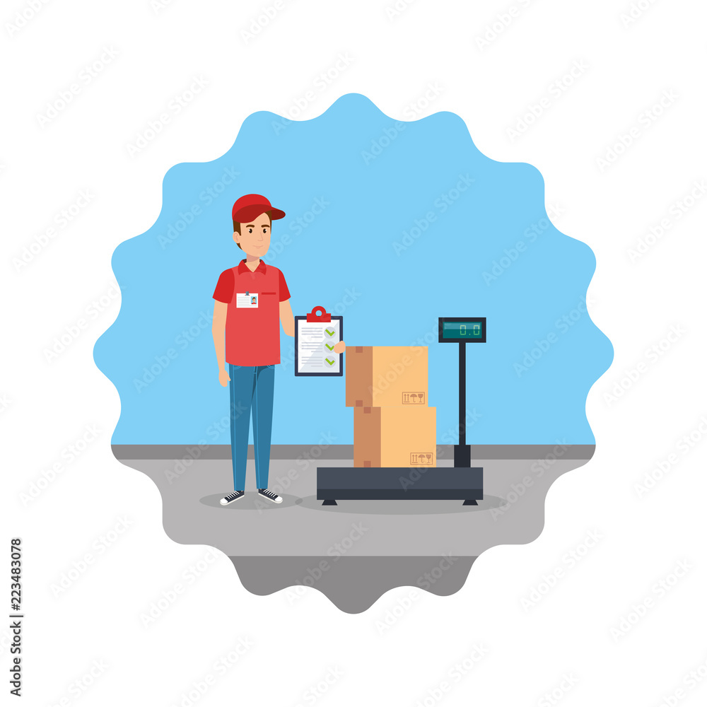 Poster delivery worker with checklist and scale