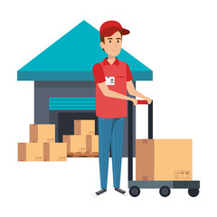 delivery worker with cart and warehouse
