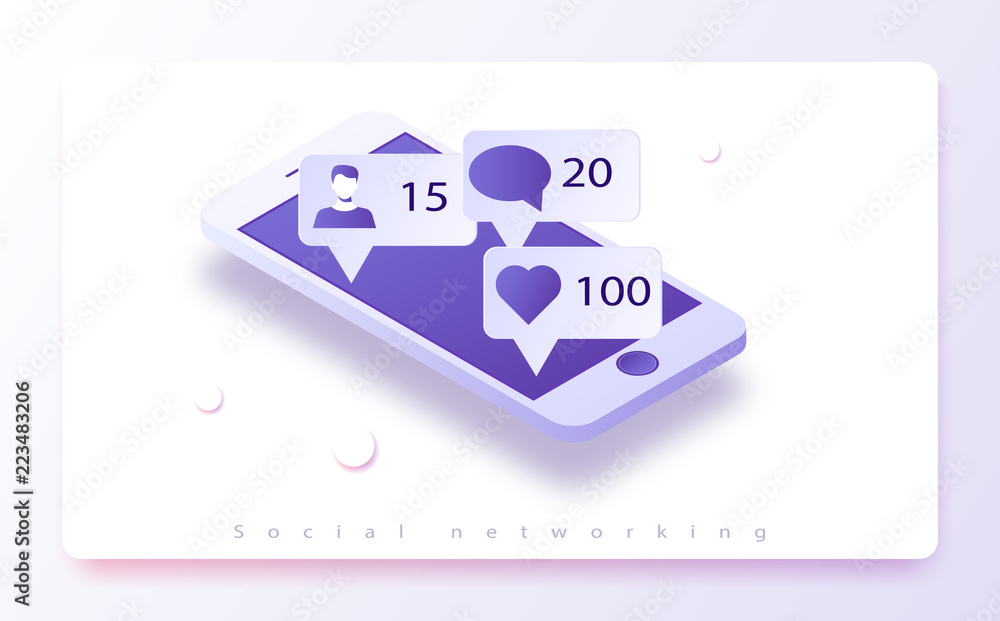 Poster communication in social networks. image of mobile phone with message icons, likes and subscribers.