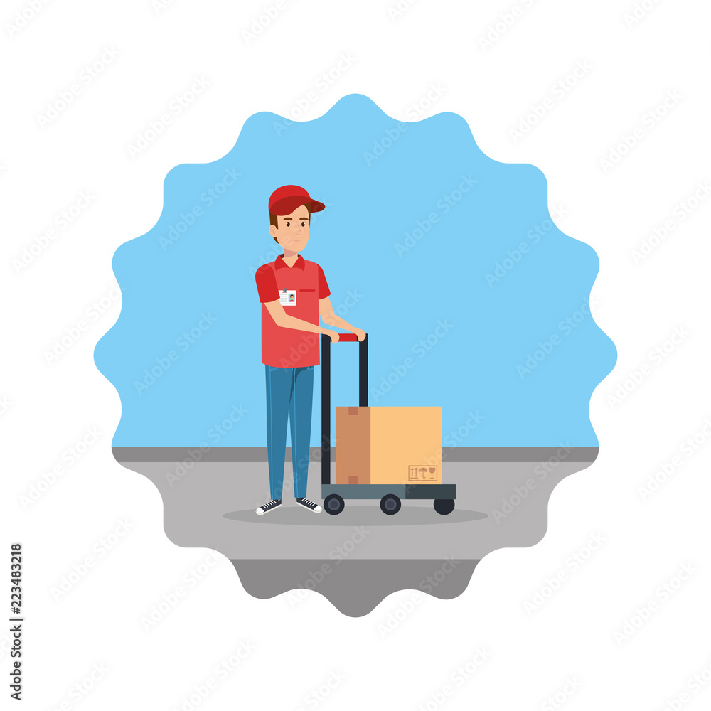 Poster delivery worker with cart and box
