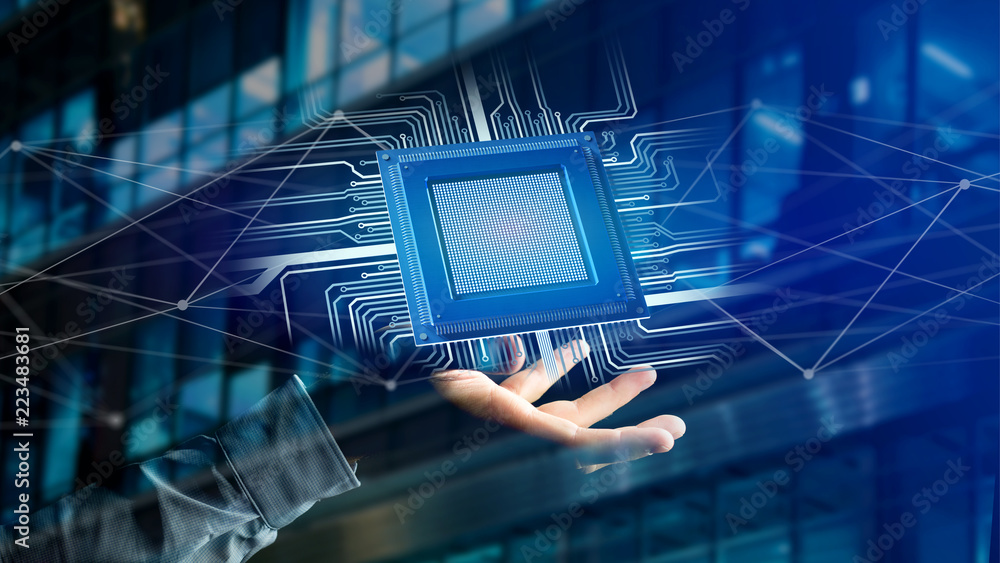 Poster processor chip and network connection - 3d render