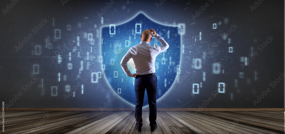 Poster man holding a shield web security concept 3d rendering