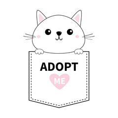 Cute cat holding pocket. Adopt me. Pink heart. Cartoon animals. Kitten kitty character. Dash line. Pet animal collection. T-shirt design. Baby background. Isolated. Flat design