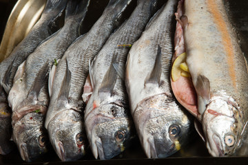 closeup raw fish stuffed with lemon on metal tray