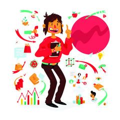 A set of icons on the theme of business processes. Vector. A bright cartoon character with infographics. A man with a tablet and a pencil. Fashionable bright illustration. Graphs and tables, statistic