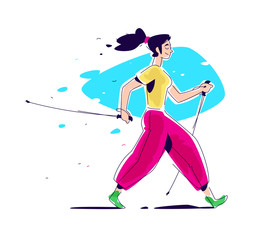 Illustration of the girl Scandinavian walking. Hiking in nature. The illustration is isolated on a white background. Scandinavian walking with sticks. Athletic way of life. Summer.