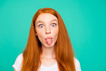 Portrait of humorous, stunning, adorable, good-looking young wom