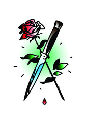 A tattoo featuring a knife and a rose. Vector illustration. Tattoo in the style of the old American school. Image is isolated on white background. Fashionable hipster's tattoo. Contour color pattern.