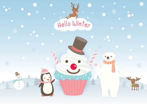 Illustration vector of Hello Winter design with cupcake decorated to snowman and penguin, polar bear, moose on snow background.