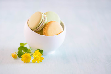 Macarons on white wooden table  and beauty yellow flowers