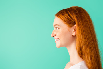 Profile side view photo of funny lady look in front of she, make