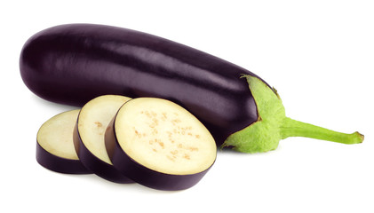 eggplant with slices isolated on white background. healthy food