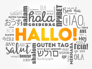 Hallo (Hello Greeting in German) word cloud in different languages of the world, background concept
