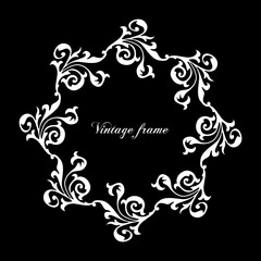 Black and white vintage style empty round frame. Template for invitation, anniversary, greeting card.
