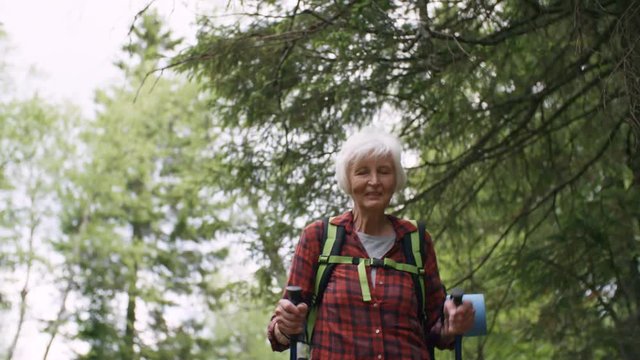 Tilt down of cheerful senior woman with backpack using trekking poles while hiking in forest