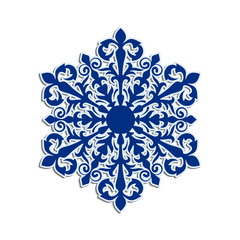 Cute lacy blue snowflake background. Ornate snowflake isolated on white.