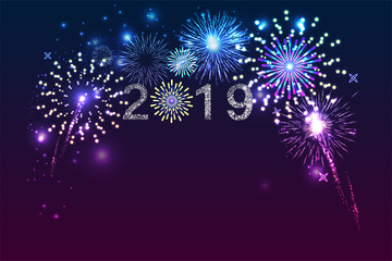 Fireworks with 2019 white glitter number and space for text. illustration vector.