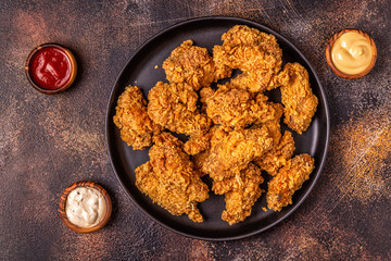 Fried chicken wings with various sauces.