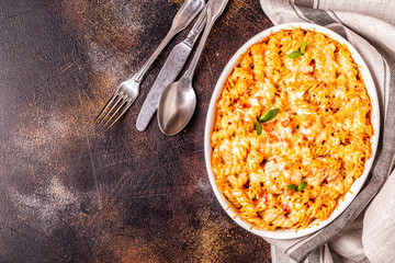 Mac and cheese, pasta baked with cheese sauce.