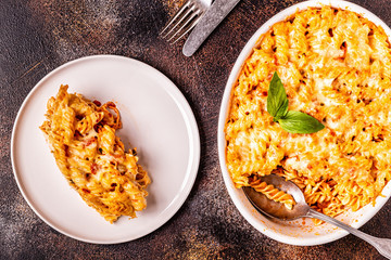 Mac and cheese, pasta baked with cheese sauce.