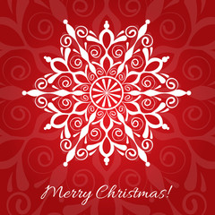 Merry Christmas greeting red background with lacy snowflake.