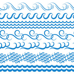 Sea Water Waves Vector Seamless Borders, Aqua Elements or Tide Lines