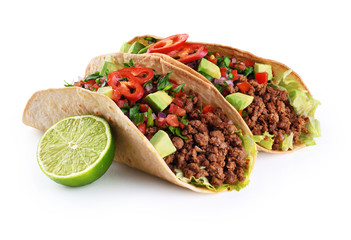 Mexican tacos with beef, tomatoes, avocado, chilli and onions isolated on white background. - obrazy, fototapety, plakaty