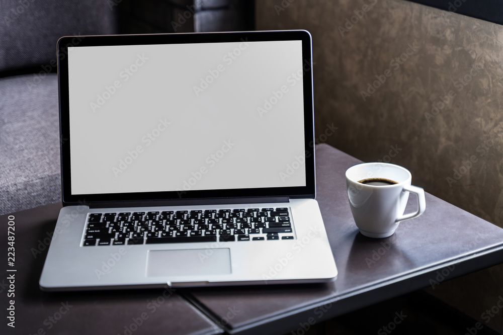 Poster mock up using laptop with blank screen computer modern