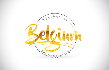 Belgium Welcome To Word Text with Handwritten Font and Golden Texture Design.