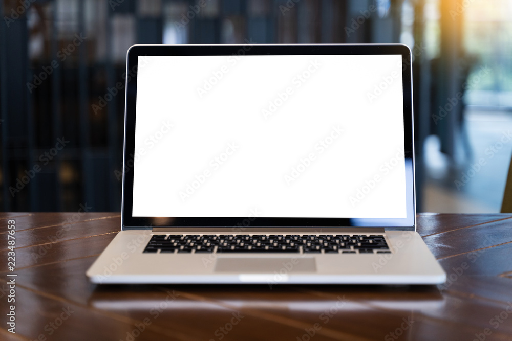 Poster mock up using laptop with blank screen computer modern