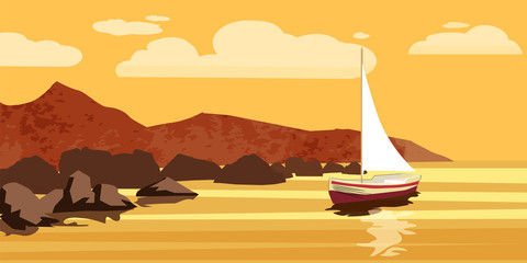 Seascape, sea, ocean, rocks, stones, sailfish, vector, illustration, isolated