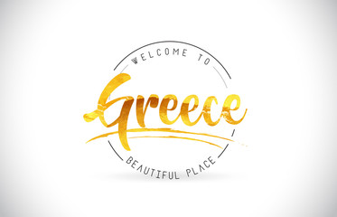 Greece Welcome To Word Text with Handwritten Font and Golden Texture Design.