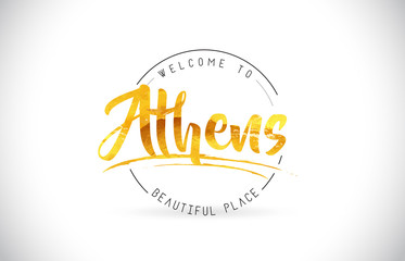 Athens Welcome To Word Text with Handwritten Font and Golden Texture Design.