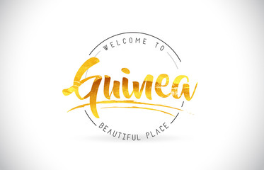 Fototapeta premium Guinea Welcome To Word Text with Handwritten Font and Golden Texture Design.