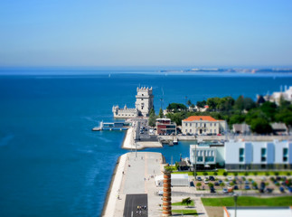 Lisbon, Portugal - September 08, 2011: View famous Belem Tower. Atlantic Ocean. Tourists. Tilt...