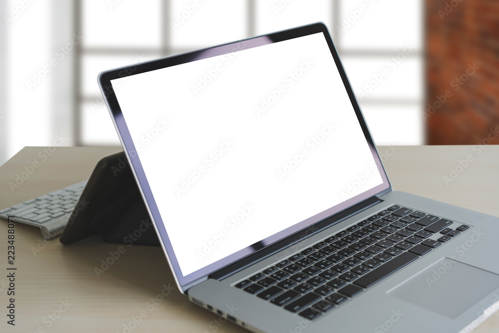 Poster laptop with blank screen on table. workspace background new project on laptop computer with blank co