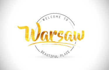 Warsaw Welcome To Word Text with Handwritten Font and Golden Texture Design.