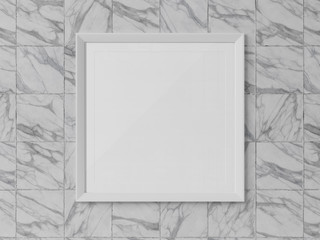 White squared frame hanging on a marble wall mockup 3D rendering