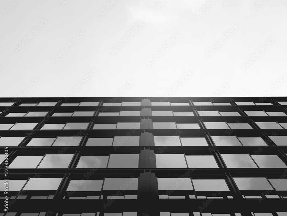 Aufkleber stimulate image of high rise glass building and dark steel window system on clear sky background,bus