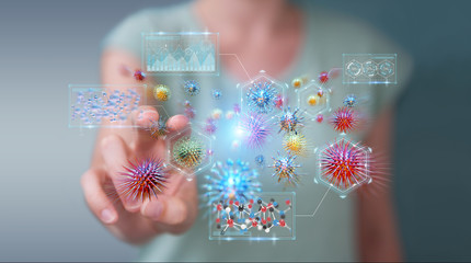 Businesswoman analyzing bacteria microscopic close-up 3D rendering
