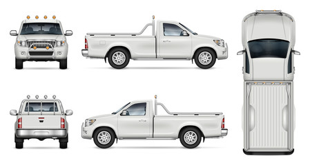 Pickup truck vector mockup on white background for vehicle branding, corporate identity. View from side, front, back, and top. All elements in the groups on separate layers for easy editing - obrazy, fototapety, plakaty