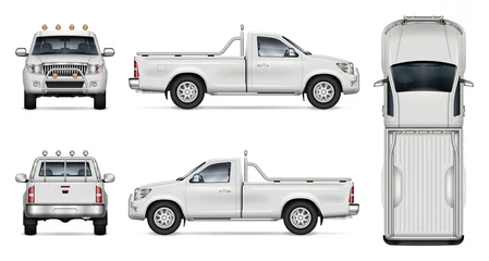 Deurstickers Pickup truck vector mockup on white background for vehicle branding, corporate identity. View from side, front, back, and top. All elements in the groups on separate layers for easy editing © Yuri Schmidt