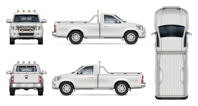 Pickup truck vector mockup on white background for vehicle branding, corporate identity. View from side, front, back, and top. All elements in the groups on separate layers for easy editing