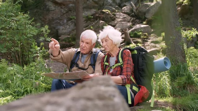 Panning shot of couple of senior hikers sitting together in forest and examining map; man pointing at distance and telling about route